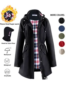 POLYDEER Women's Waterproof Rain Coat with Soft Fleece Lining Warm Winter Outerwear Check-Lined Design for Cold Weather Long Sleeve Hood with Extra Visor Windproof Breathable