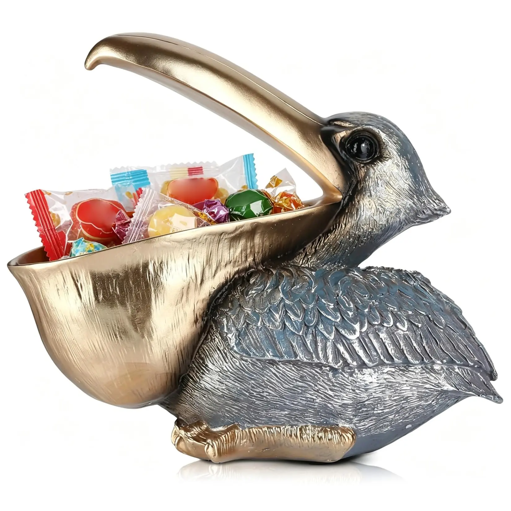Gray Pelican Statue Candy Dish – Decorative Resin Storage Bowl for Kitchen or Entryway – Distinctive Animal Home Decor, Multi-Functional Food Holder, Gift Idea