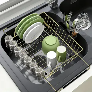 Golden Expandable Dish Drying Rack-Large Stainless Dish Drainer Over The Sink for Countertop with Utensil Holder, Applicable for Sink Width 16'-22' (Gold,23.2'*12.2')