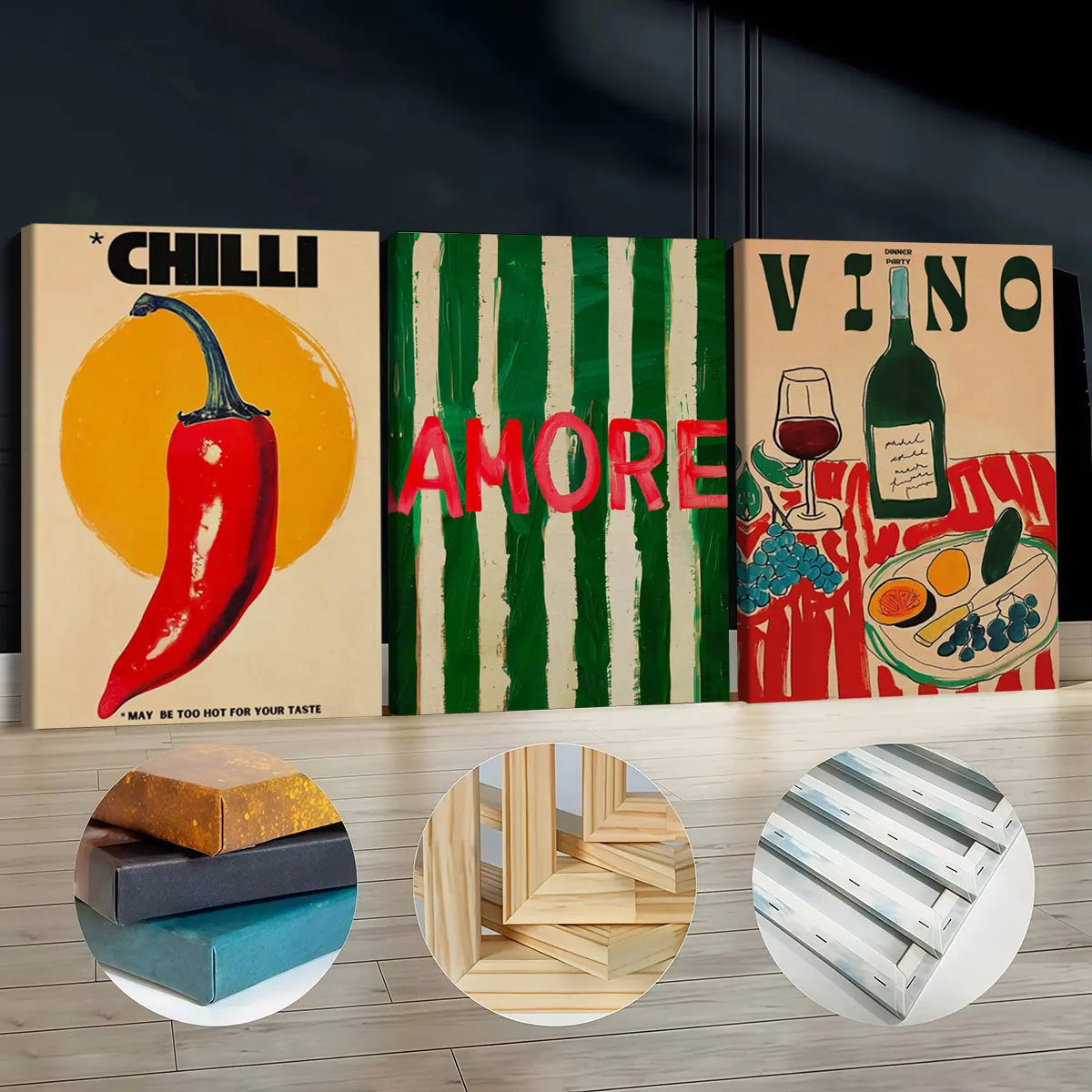 3Pcs Chic Wooden-Framed Canvas Painting Wall Art - Italian Food Theme "Chilli Amore Vino", Odourless Multi-Functional Decoration for Living Room, Bedroom Home Inspo Home Decor
