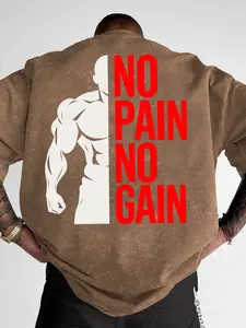 Men's Washed Vintage Gym T-Shirt, "No Pain No Gain" Fitness Graphic Print Oversized Tee, Workout Streetwear Casual Top, Casual Sport Shirt #GymTee #WorkoutShirt #NoPainNoGain #FitnessStreetwear #TikTokMadeMeBuyIt