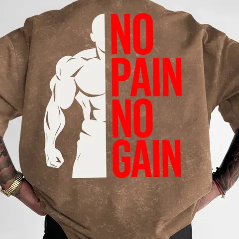 Men's Washed Vintage Gym T-Shirt, "No Pain No Gain" Fitness Graphic Print Oversized Tee, Sporty T Shirt, Casual Style Tee, Workout Streetwear Casual Top, Casual Sport Shirt #GymTee #WorkoutShirt #NoPainNoGain #FitnessStreetwear #TikTokMadeMeBuyIt