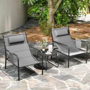 COSTWAY - 3 Piece Outdoor Bistro Set Patio Metal Chair and Coffee Table Set-Gray