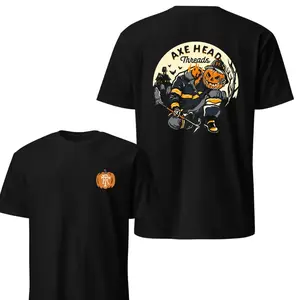 Axe Head Threads T-Shirt, Firefighter Pumpkin Head Halloween Graphic, Fire Rescue Apparel Graphic Shirt for Firemen & First Responders, Gift for Firefighters and Halloween Lovers