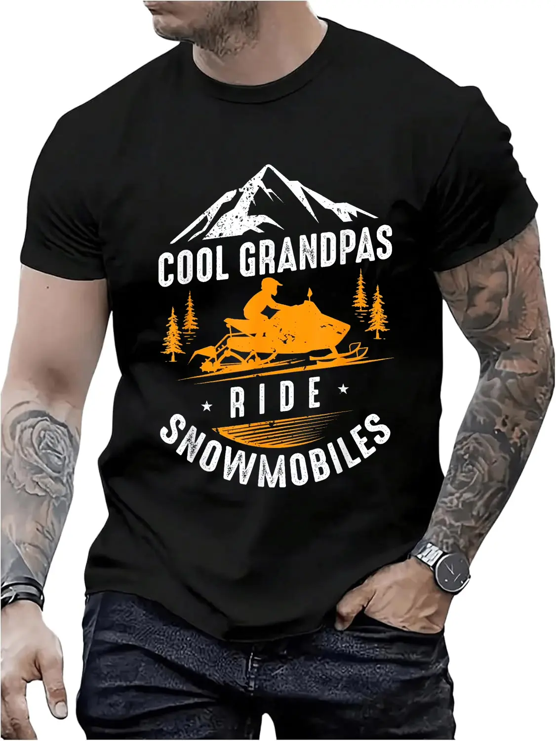 Women's Distressed 100% Cotton Vintage Crew Neck Short Sleeve T-Shirt, Large Unique Grandpa Snowmobile Graphic Top, Snowmobile Dad Grandpa Gift