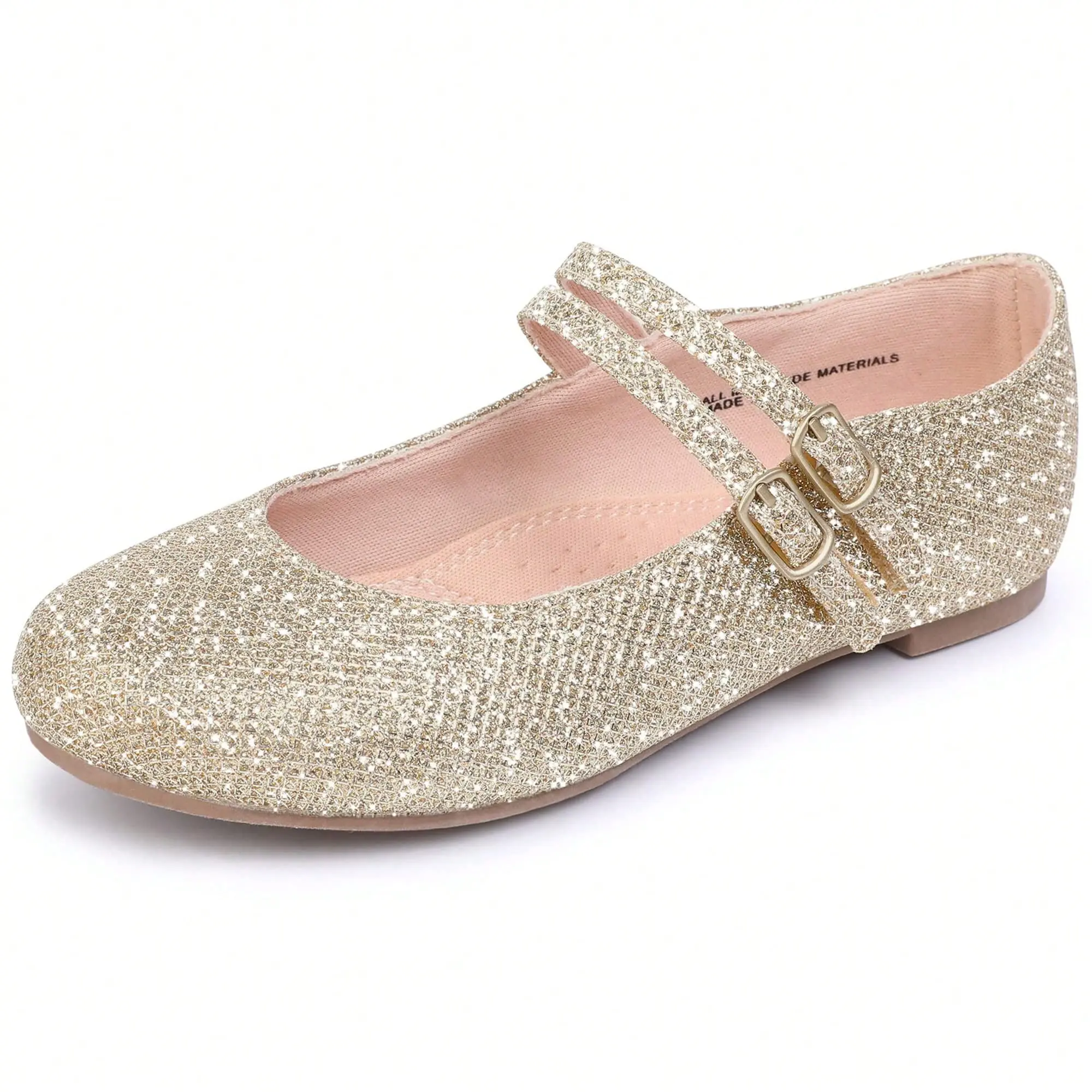 Shoe Locker Girls' Gold Glitter Classic Suede Square Toe Mary Jane Ballet Flats - Mary Jane Style, Elegant Princess Footwear for Wedding, School Occasions