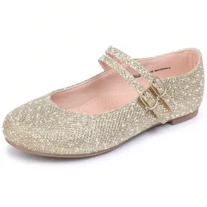 Girls' Gold Glitter Classic Suede Square Toe Mary Jane Ballet Flats for Wedding School and Special Occasions Sparkle Elegant Princess Shoes