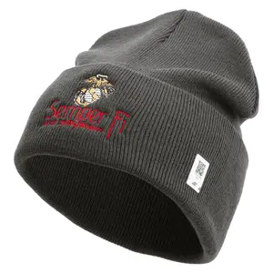 United States Marines Semper Fi Emblem Logo Embroidered 12 Inch Solid Knit Cuff Long Beanie Made in USA