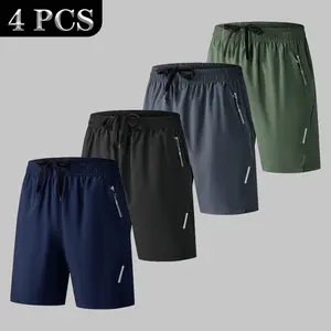 Men's 4-Pack Summer Loose-Fitted Adjustable Neutral-Colored Shorts - Reflective Stripes, Zipper Pockets, Sporty Casual Running Style, Bermuda Length, Drawstring Waist, Breathable, Lycra, Military-Themed, Adjustable Men's Shorts, Loose-Fitted Men's Shorts