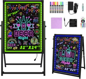 Standing A-Frame LED Message Writing Board, 32 x 24" Illuminated Erasable Neon Effect Restaurant Menu Sign, Flashing Mode DIY Message Chalkboard for Kitchen Wedding Promotions