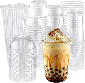 16oz 100 Set Disposable Plastic Cups with Dome  and Straws, Clear Iced Coffee Cups with , Round Bottom Plastic Cup for Milkshakes Juice Beverages Holiday Party Outdoor Picnic Supplies
