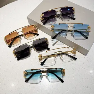 Metal Rimless Sleek Rectangular Sunglasses - Gradient Plastic Lenses, UV Protection, Stylish Glasses, Trendy Unisex Eyewear for Daily Commuting, Outdoor Activities,summervibes