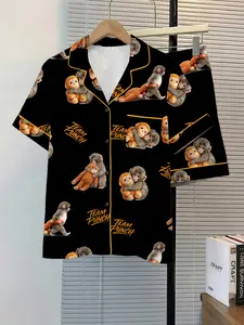 Women's Sleepwear Pajama 2-Piece Set, Monkey Punch Pattern, Comfortable Nightwear, Fashion Soft Fabric, Casual Daily Wear