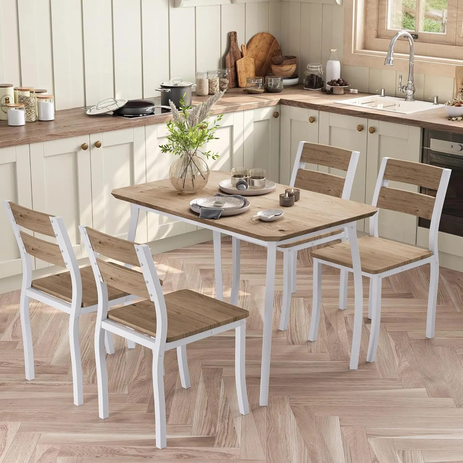 Garvee 5-Piece Modern Indoor Dining Table Set for 4, Wood Grain Kitchen Table, 4 Chairs, Space-Saving Metal Frame for Small Apartments