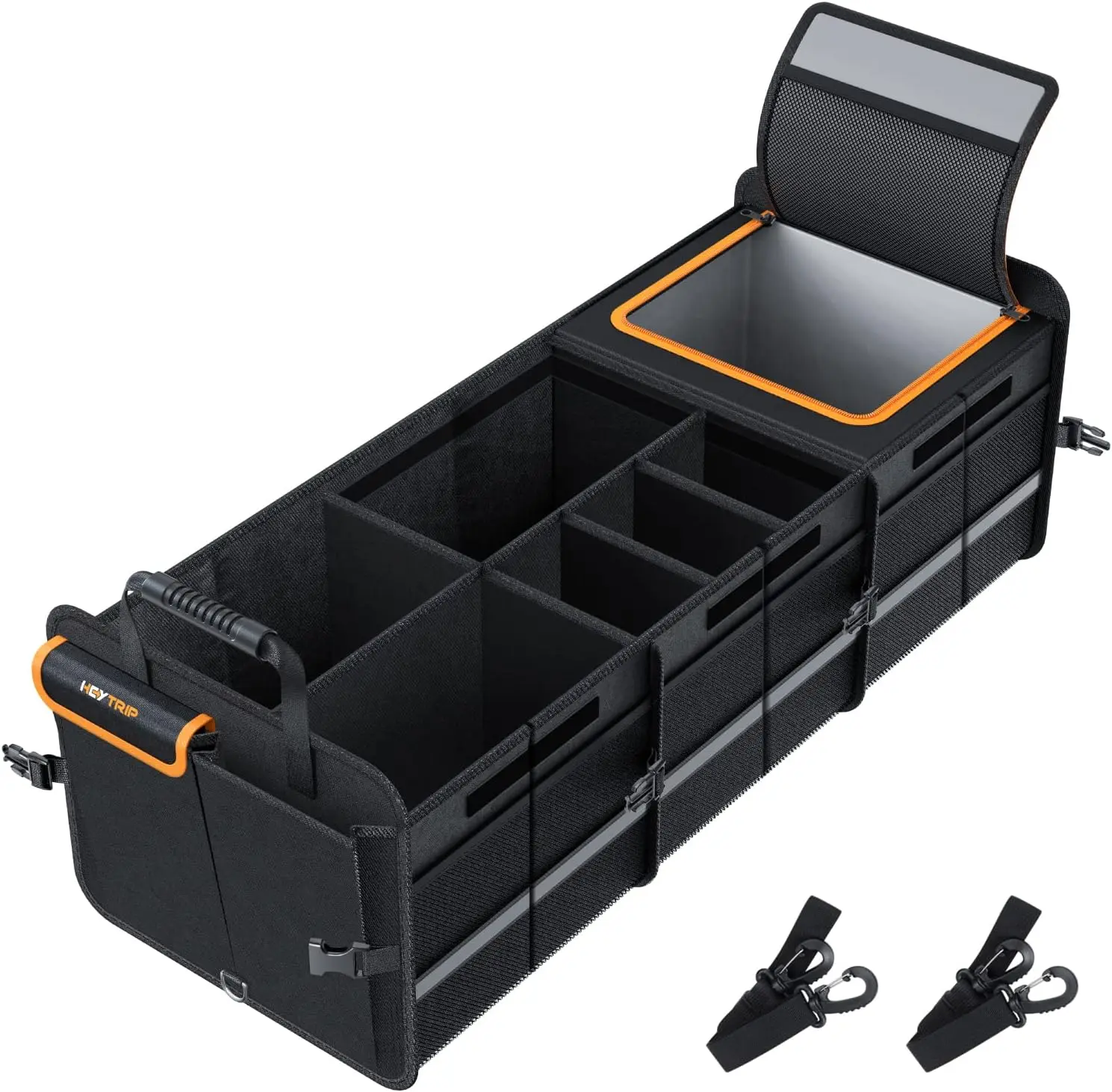HEYTRIP Large Trunk Organizer With Built-in Leakproof Cooler Bag, 2 Tie-Down Straps, 4 Removable Dividers, Foldable Cover, Built with 2mm PE Board