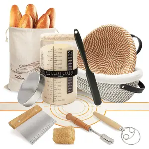 Handmade Cotton Rope Banneton Bread Proofing Basket Set, 50oz Sourdough Starter Jar - Oval & Round Bread Baskets, Sourdough Starter Kit, Bread Making Tools Kit, Black Bakeware Glass Machine Oven
