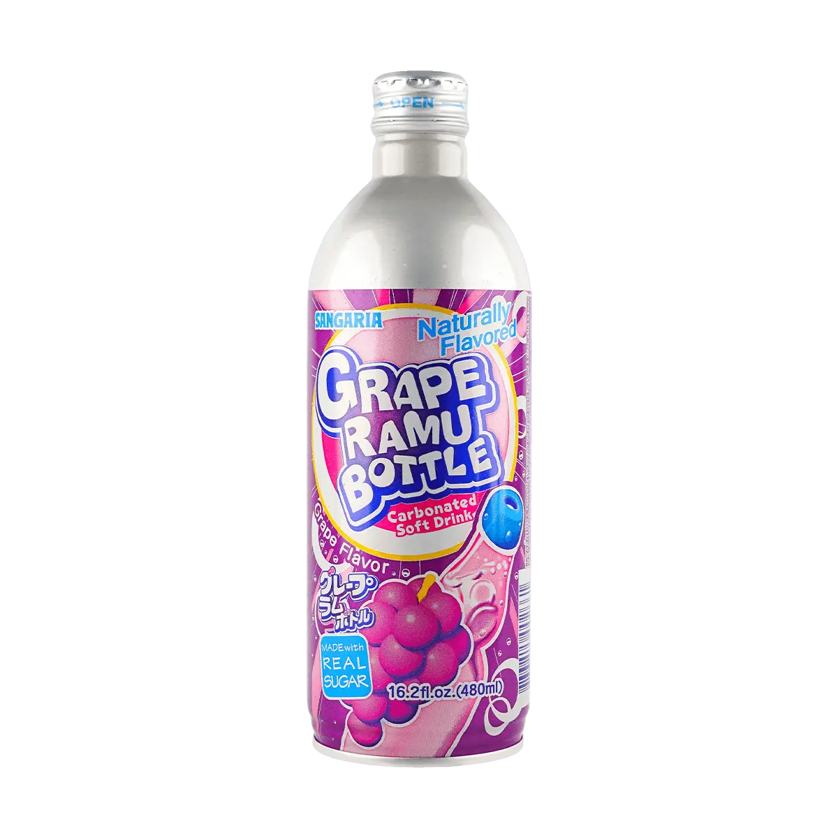 SANGARIA Ramune Japanese Soda - Grape Flavor Carbonated Drink, 480ml Bottle - Authentic Japanese Ramune with Unique Marble Cap