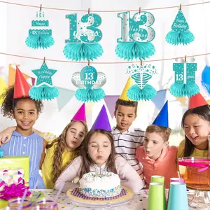 8-Piece 13th Birthday Party Supplies Set,Teal Silver 13th Birthday Decorations Honeycomb Centerpieces for Girls, 8Pcs Blue 13 Year Old Birthday Table Centerpieces Party Supplies, Teal Blue Thirteen Bday Table Topper Sign Decor