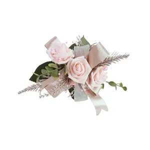 Handmade Silk Rose Wrist Corsages with Greenery and Ribbons for Prom Homecoming Mothers Day in Clear Box