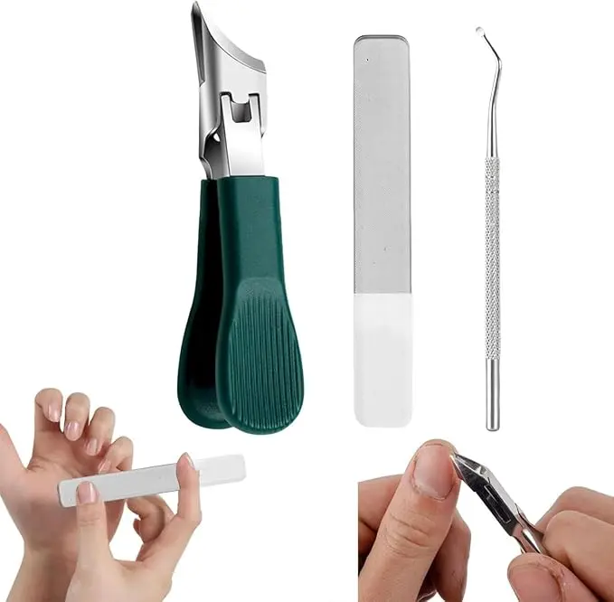 Eagle Beak Nail Clippers, 25° Anti-Splash Slanted Nail Clippers Set (3-Piece), Wide Jaw Opening & Long Handle Design for Thick & Ingrown Nails, Senior-Friendly Ergonomics, Includes Nail File (Green)