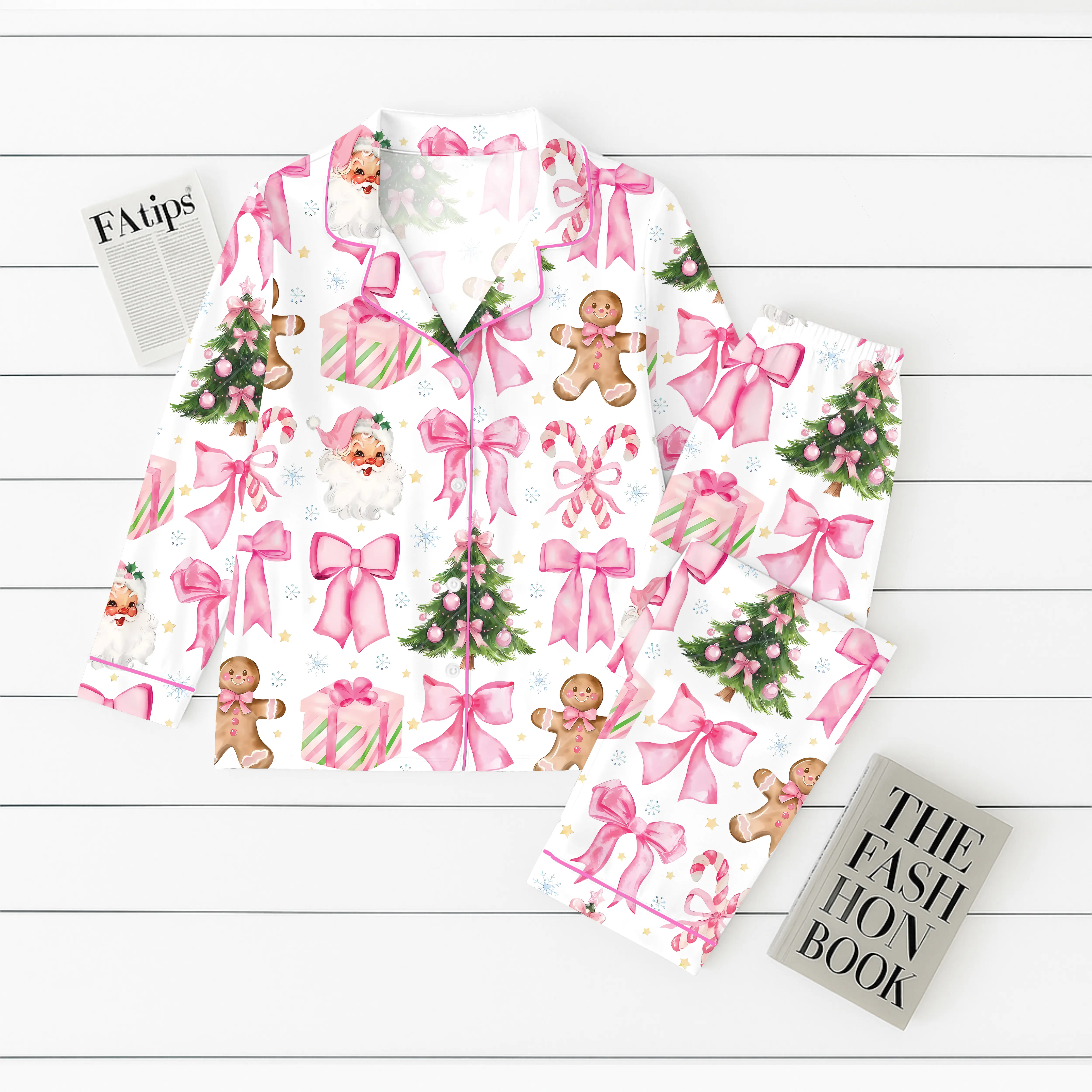 Coquette Christmas Candy Pajama Set, Cane Pink Bows Santa Christmas Tree Short Sleeve Satin Pajama Set, Pajama Nightwear Set for Her Women