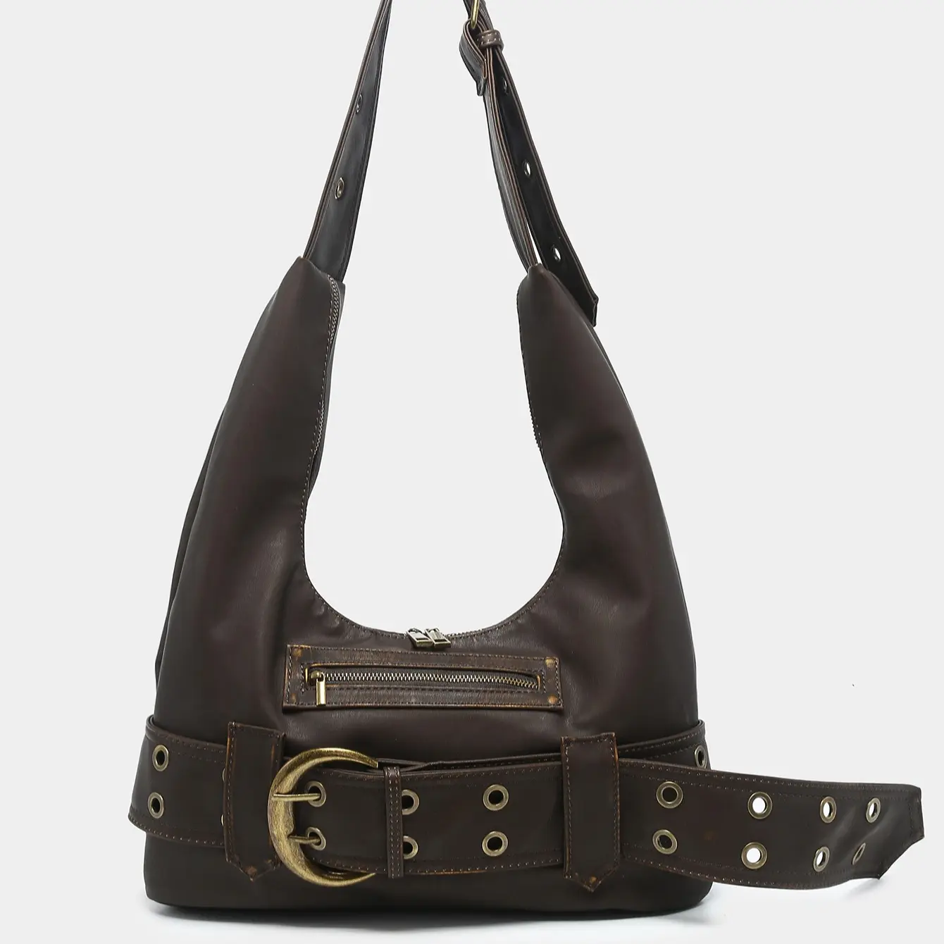 Y2K Grunge Black Hobo Bag with Belt Accent - Edgy Shoulder Purse 