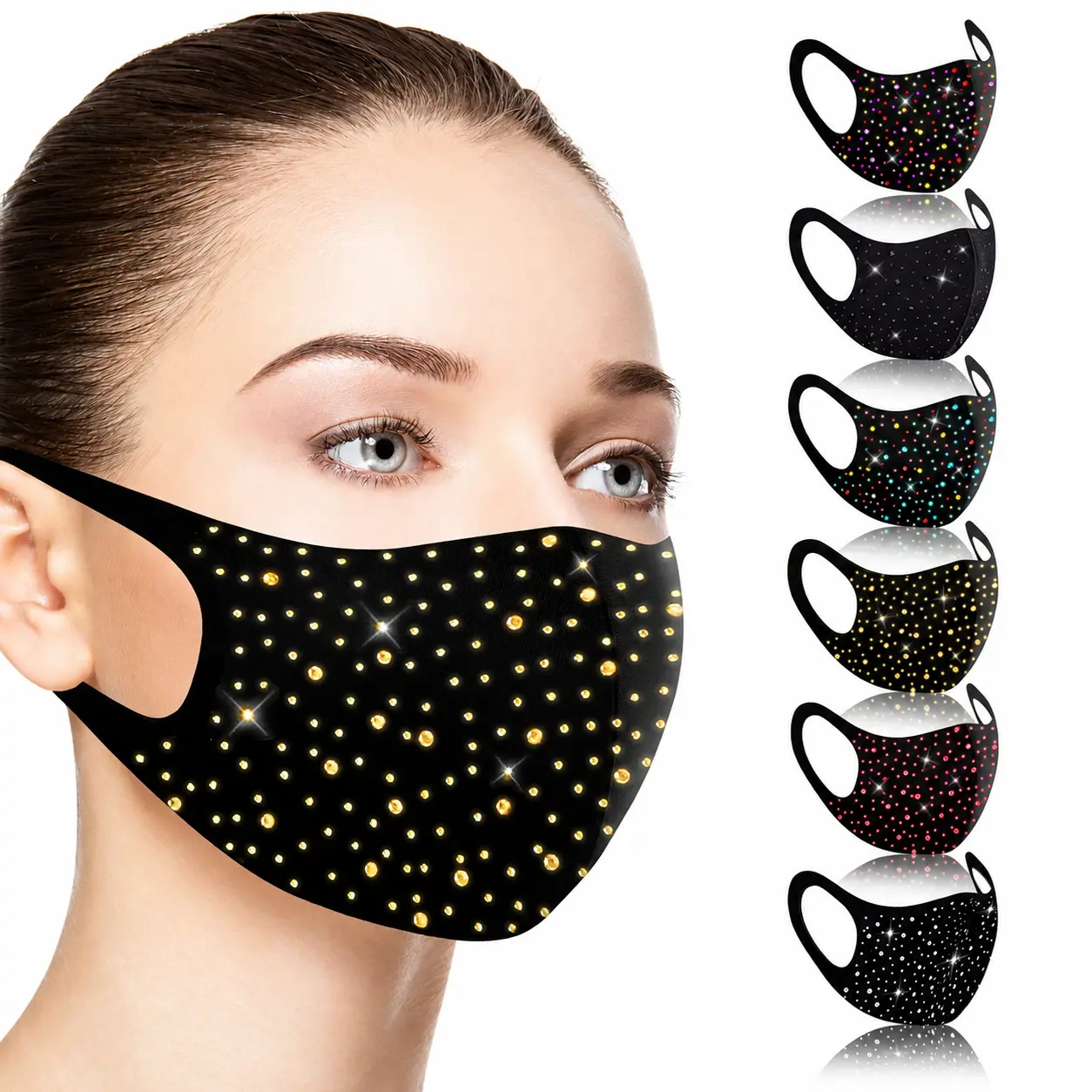 6-Pack Women’s Sparkly Rhinestone Sequin Face Masks with Soft Breathable Fabric, Reusable Stretchable Ear Loops for Stylish Protection, Parties, Events & Everyday Wear