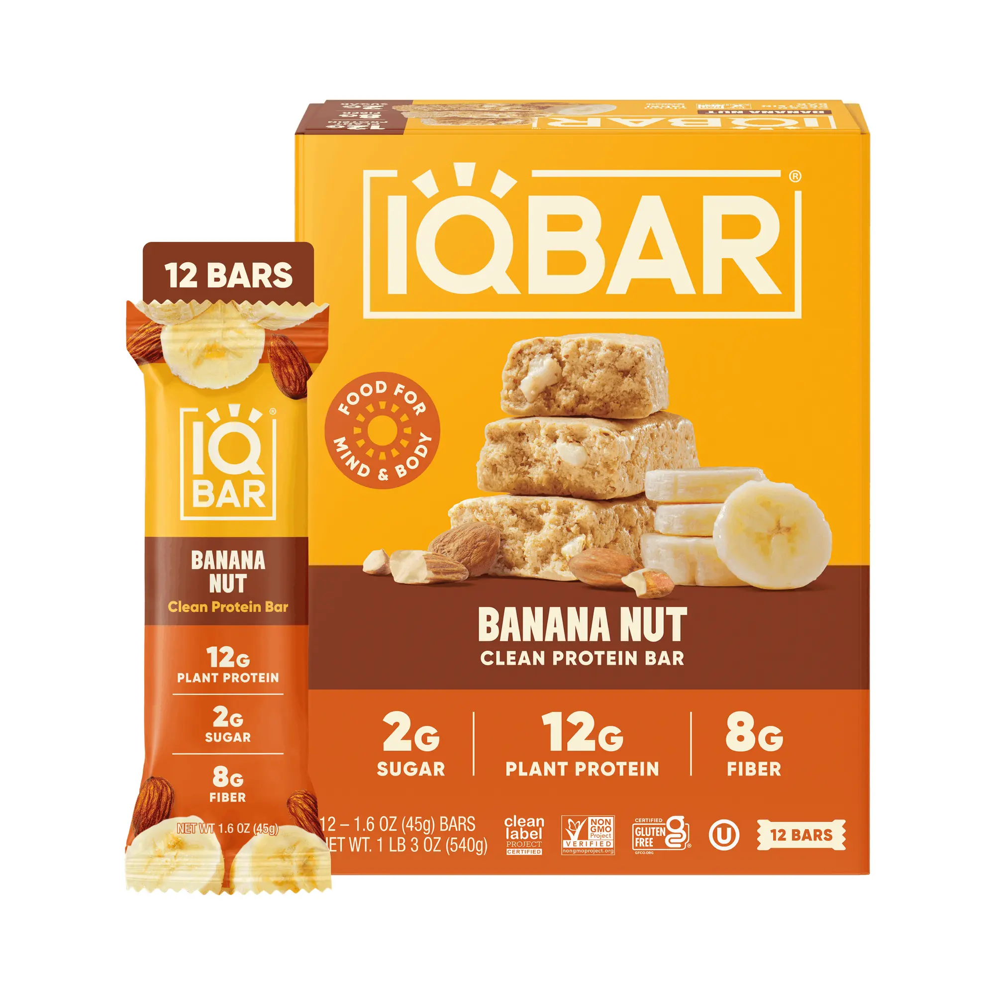 IQBAR Clean Plant Protein Bars, Banana Nut 12-Count | High Protein Snack
