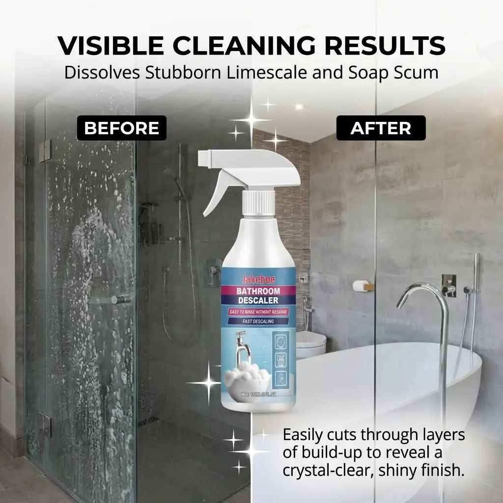 Bathroom Descaling Cleaner Kit - 120ML Limescale & Water Stain Remover Spray with Sponge & Cloth, Removes Hard Water Spots from Shower Glass, Tiles, Faucets, Fast-Acting Deep Clean for Bathroom Surfaces