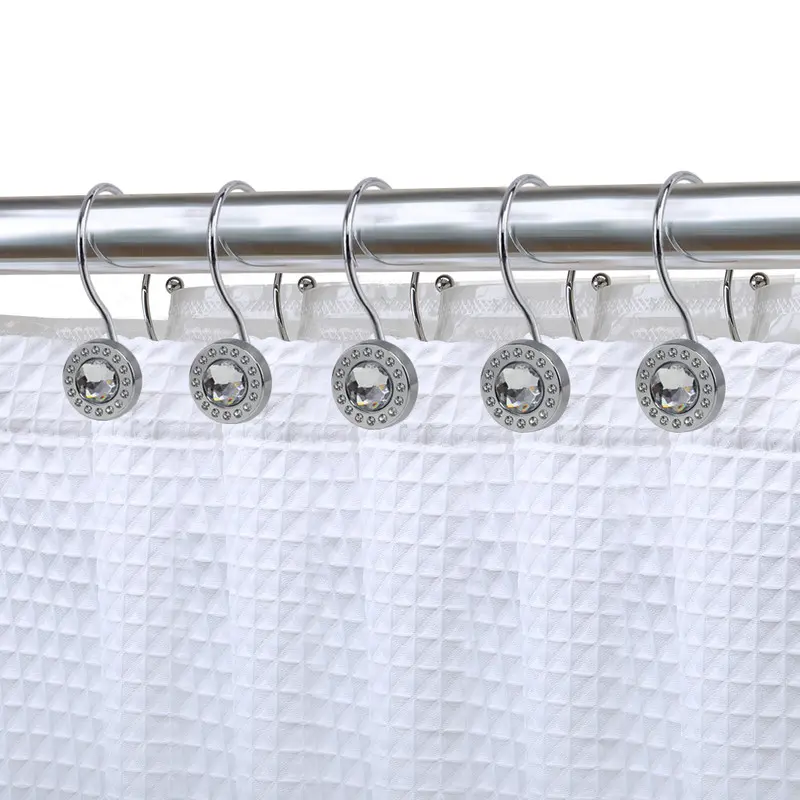 212 MAIN Modern Double Crystal Double Hook Shower Curtain Hooks - 12-Piece Polished Chrome Heavy Duty Zinc Alloy Rustproof Rust Resistant Bathroom Shower Equipment, Sturdy and Secure Metal Hanging Accessory Set for Curtain or Liner