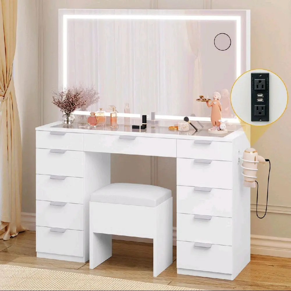 Vanity Set Led Lighted with Sliding Mirror Makeup Dressing Table 11 Drawer