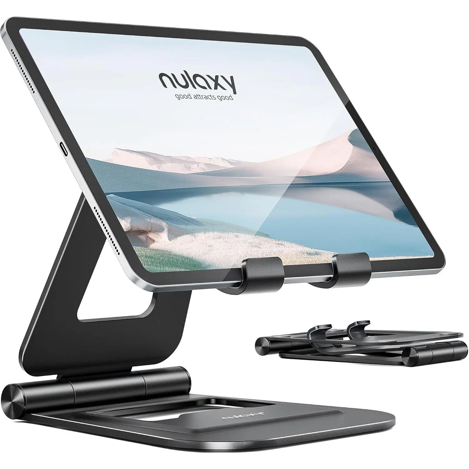 Aluminum Dual Foldable iPad Stand, Fully Adjustable Desktop Tablet Holder, iPad Accessories for Office Kindle Compatible with Mobile Devices iPad Pro/Air/Mini, iPhone Pro/Max/Plus, Rose Gold