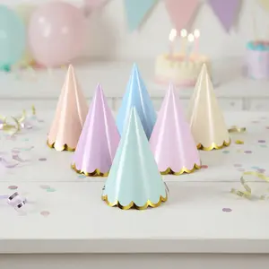 6 Pcs Soft Color Party Hats with Gold Trim, Macaron Colors, Elastic Hat Rope, Birthday Party Accessories, Fun Events, 10.5cm Diameter