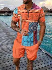 Men's Ethnic Pattern Print Short Sleeve T-shirt & Shorts Set, Regular Fit Casual Round Neck Tee & Shorts, Men's Summer Clothes