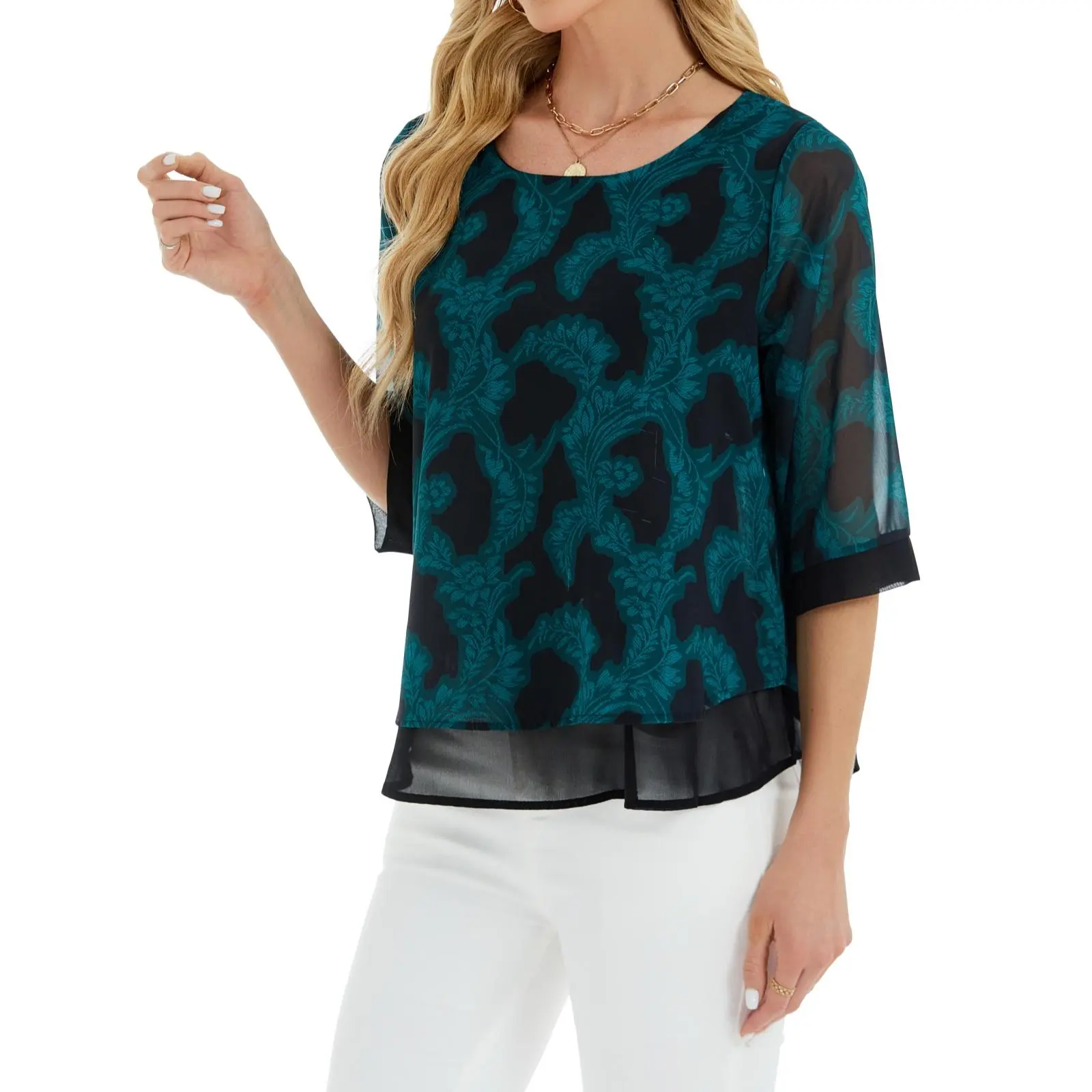 Women's Chiffon Blouse, Elegant Floral Print Top with 3/4 Sleeves, Flowy Double-Layered for Work Casual Office OOTD, Shirts, Thanksgiving, Easter, Chiffon Fabric, Round Neck, Ready To Wear, Going Out, New Year