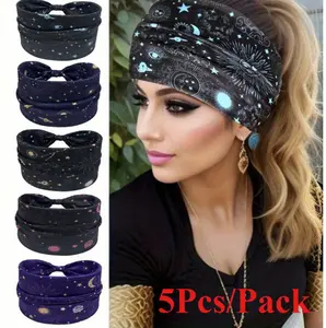 5Pcs Mixed Color Women Hair Bands Headband Bohemian Sports Run Bandage Elastic Girl Wide Headband Print Wide Headwrap Headpiece Hairband Ladies