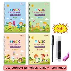 Reusable Grooved Handwriting Workbook for Kids, Learning Materials, 4 Books–Early Elementary, Covers Math, Words, Drawing –Gift for Children School Supplies Classroom Supplies