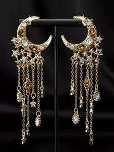 Rhinestone Star Moon Tassel Earrings, Vintage Court Style High-End Jewelry, Unique Non-Matching Design, Elegant Ear Accessories