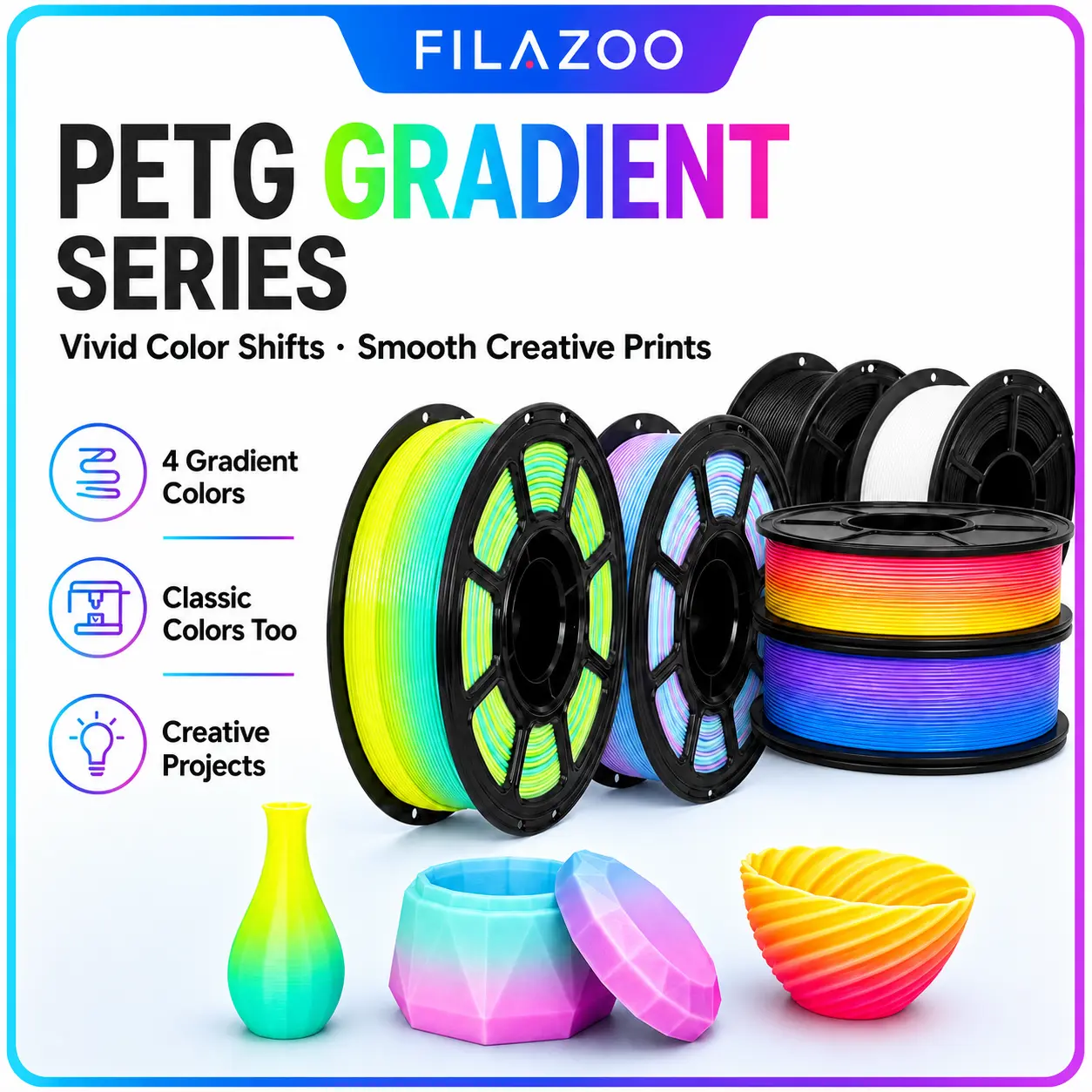 FILAZOO Gradient Rainbow PETG Filament 1.75mm, 1KG Spool, Multicolor Color-Shift 3D Printer Filament for FDM Printers, Smooth Color Transitions for Home Decor, Vases, Models, DIY Crafts and Creative Projects, Plus Classic Solid Colors