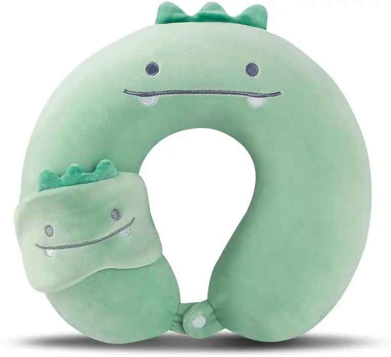 Kids Neck Pillow for Travel with Sleep Eye Mask, Cute Travel Neck Pillow, Memory Foam Flight Sleeping Headrest Pillow for Boys & Girls, Airplane, Train, Car, Home Use - Green Dinosaur