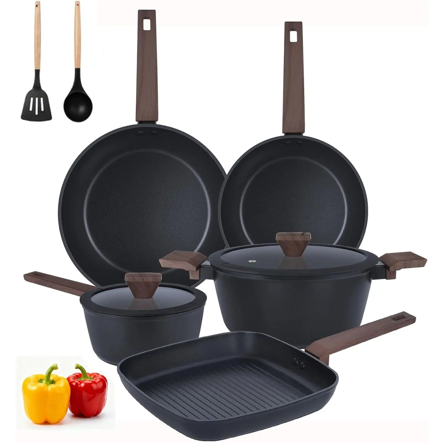 9 count Pots and Pans Set Nonstick,Induction Cookware Set Kitchen Cooking Sets,  Pots and Pan set,Non Stick with Grill Pan& Stay-Cool Handles (PFOS, PFOA Free),Black