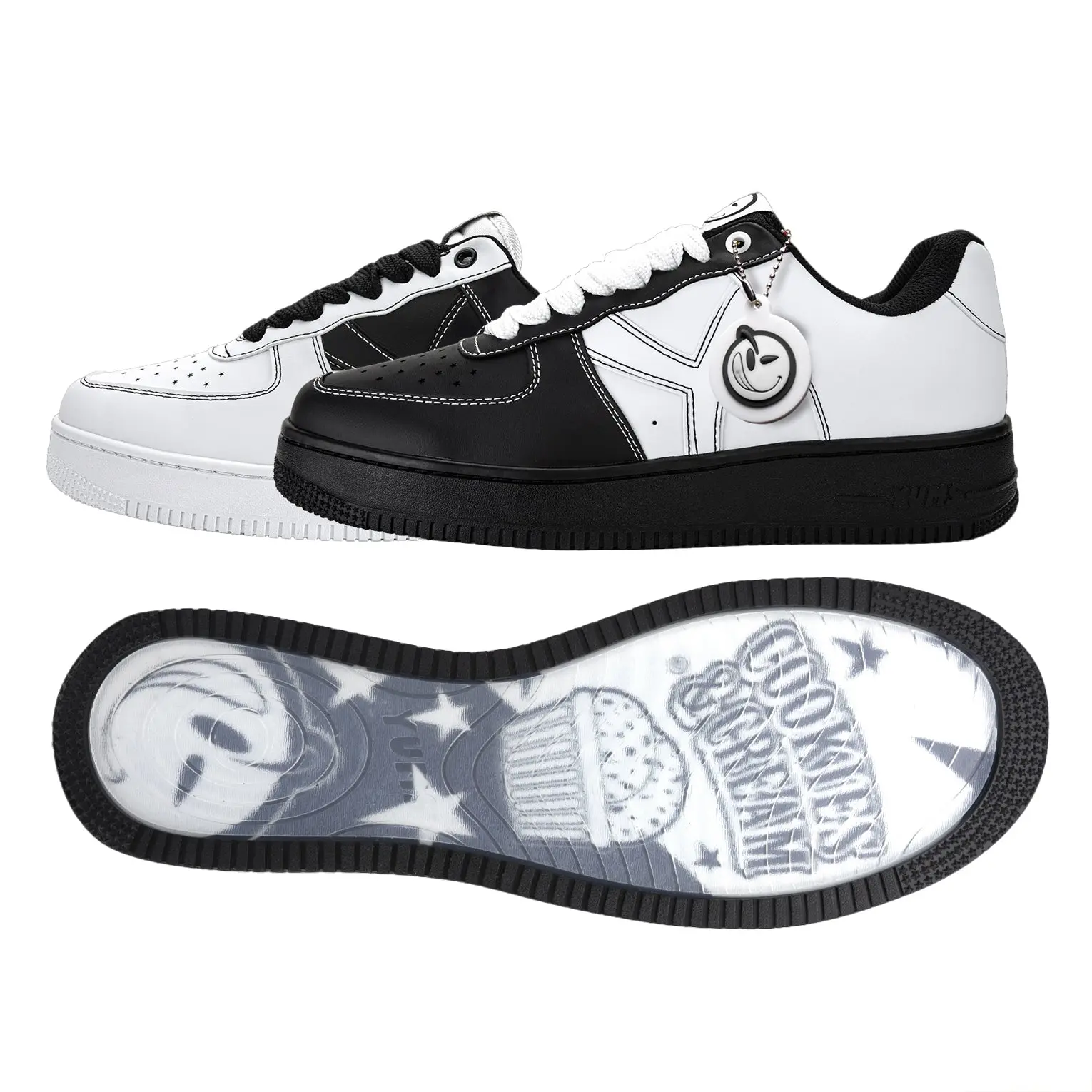 YUMS Cookies & Cream Sneakers - Black and White Smooth Leather Casual Streetwear Style Low Top Shoes | Comfort Footwear