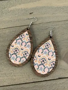 Pink and Mint Aztec Cork and Wood Teardrop Earrings