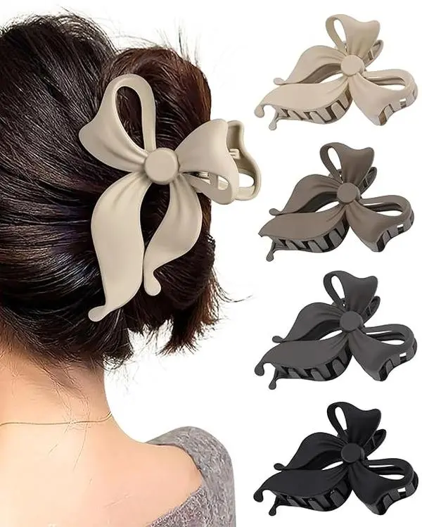 Chic Bow Claw Clips for Women - 4 Pack Nonslip Large Matte Strong Hold Hair Clips in Black Grey Khaki Brown Colors - Versatile Styling Accessories for Thin & Thick Hair