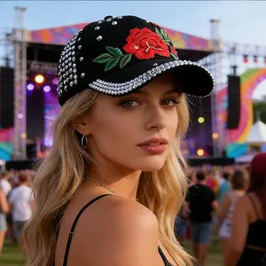 Bling Women Baseball Cap Embroidered Rose Snapback Rhinestone Sun Hats Adjustable Denim Hat