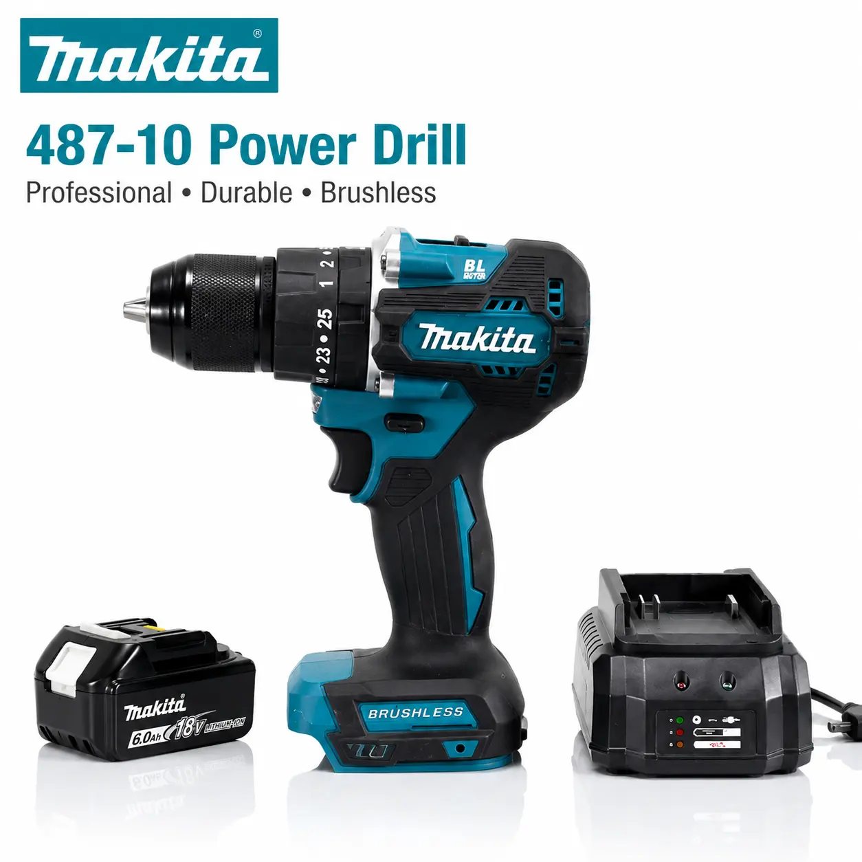 Makita 487-10 18V Compact Powerful Brushless Motor Drill-Driver Tool with Dual Speed Control, 6.0Ah Lithium Ion Battery & Standard Charging Kit for Pro Level DIY, Garage DIY Enthusiasts (Tools of the Trade Inclusive)