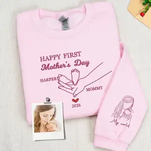 Custom Embroidered First Mother's Day Sweatshirt with Portrait on Sleeve, First Mother's Day Gift for Wife, Perfect Gift for Mother's Day