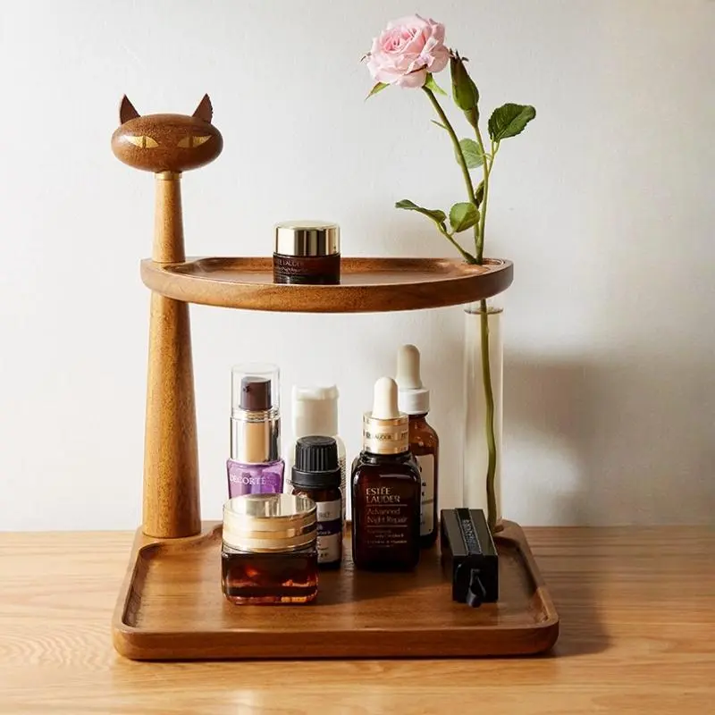 Wooden Cat Design Storage Rack, 1 Count 2-layer Desktop Storage Rack, Multifunctional Storage Organizer for Home Office Kitchen Bathroom, Office Desk Accessories, Table Organizers