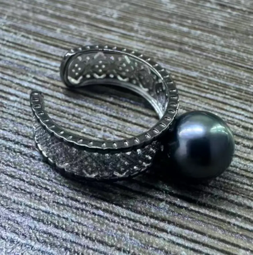 ANGEPERLE S925 Silver and Tahitian Seawater Pearl Ring 9-10mm TKJ63