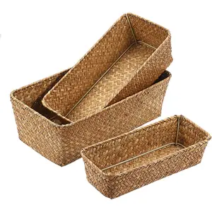 3  Wicker Basket Set Rectangular Handwoven Seagrass Basket Storage Bins  Organizer Bins - Household Basket Box for Shelf Wardrobe Desktop  Decor (Caramel)